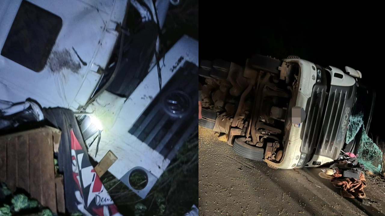 Dois caminhões tombam na ERS 129 entre Vanini e David Canabarro 1 Studio Notícias | Studio TV Dois caminhões tombam na ERS 129 entre Vanini e David Canabarro