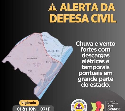 Studio Notícias | Studio TV Defesa Civil alerta para temporais e ventos fortes no Rio Grande do Sul nas próximas horas