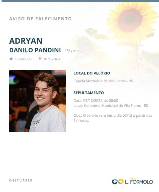 Jovem de 19 anos que se afogou em cachoeira de Pinto Bandeira será sepultado em Vila Flores 1 Studio Notícias | Studio TV Jovem de 19 anos que se afogou em cachoeira de Pinto Bandeira será sepultado em Vila Flores