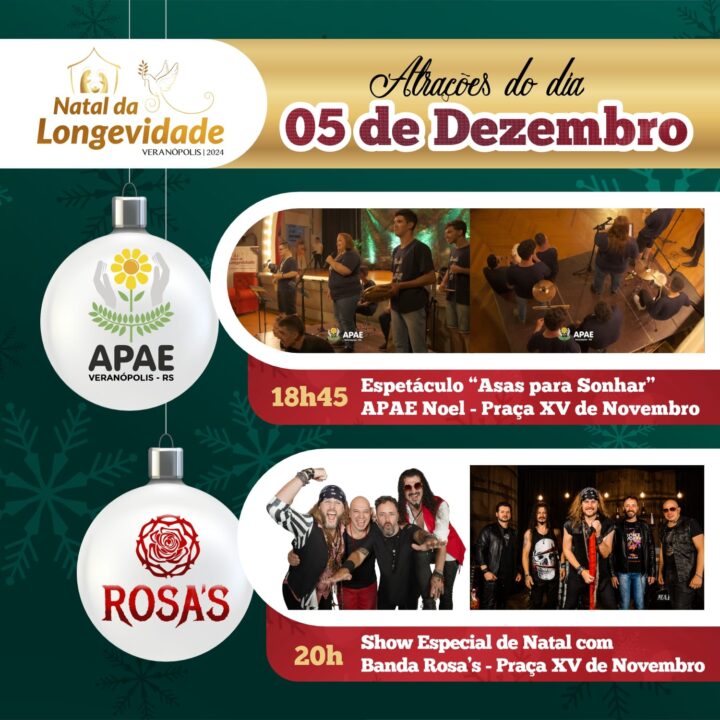 Magia e emoção marcam o início do Natal da Longevidade em Veranópolis com o APAE Noel e show da Banda Rosa's 1 Studio Notícias | Studio TV Magia e emoção marcam o início do Natal da Longevidade em Veranópolis com o APAE Noel e show da Banda Rosa's