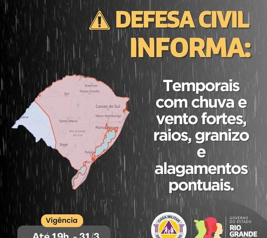 Studio Notícias | Studio TV Defesa Civil amplia alerta de temporais com chuva forte e risco de granizo para hoje no RS