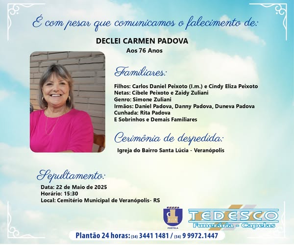Veranópolis se despede de Declei Padova, referência no jornalismo, na cultura, na educação e na música 1 Studio Notícias | Studio TV Veranópolis se despede de Declei Padova, referência no jornalismo, na cultura, na educação e na música