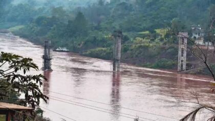 Construção de ponte entre Santa Tereza e São Valentim do Sul é interrompida pela elevação do Rio Taquari - Studio TV