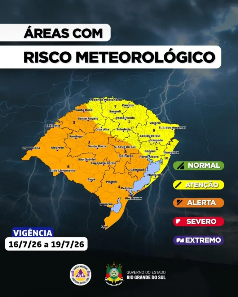 Defesa Civil atualiza previsão e alerta para chuvas intensas, ventos fortes e risco de tornados no RS - Studio TV