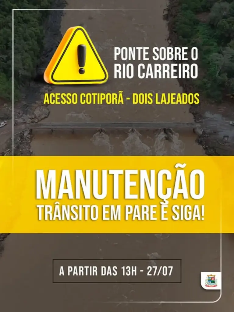 Manutenção na ponte sobre o Rio Carreiro terá trânsito em pare e siga entre Cotiporã e Dois Lajeados - Studio TV