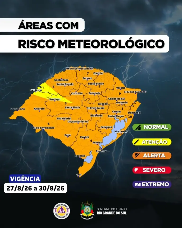 Defesa Civil alerta para temporais severos, granizo e risco de inundações no RS - Studio TV