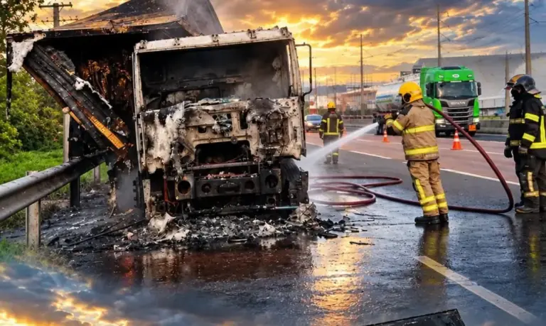 Caminhão com 3 toneladas de carne pega fogo na freeway, em Porto Alegre - Studio TV