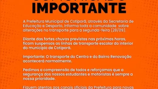 Cotiporã suspende transporte escolar do interior devido à previsão de fortes chuvas - Studio TV