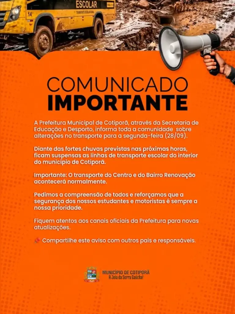 Cotiporã suspende transporte escolar do interior devido à previsão de fortes chuvas - Studio TV