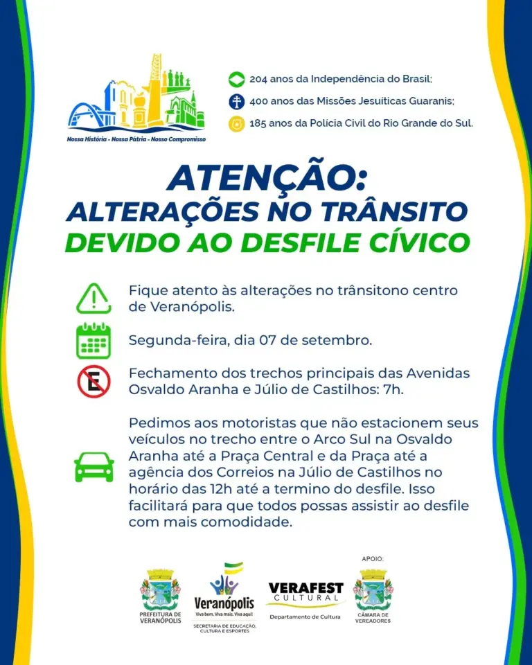 Desfile Cívico de 7 de Setembro terá alterações no trânsito em Veranópolis - Studio TV