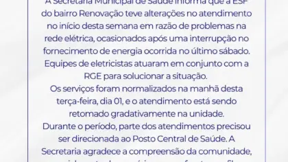 ESF Renovação retoma atendimentos após problema na rede elétrica em Veranópolis - Studio TV