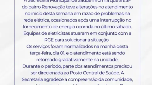 ESF Renovação retoma atendimentos após problema na rede elétrica em Veranópolis - Studio TV