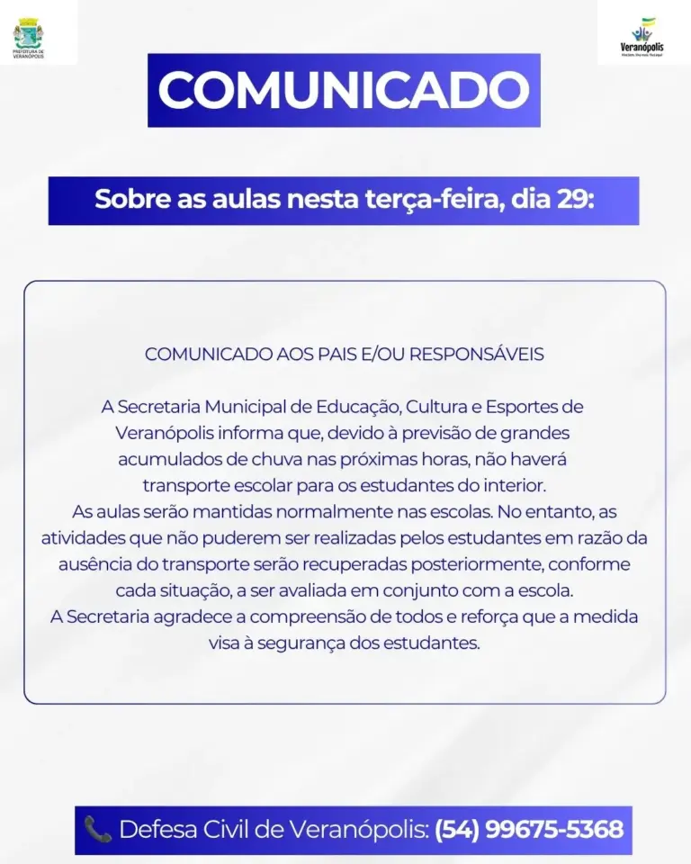 Veranópolis suspende transporte escolar do interior nesta terça-feira devido à previsão de chuva - Studio TV