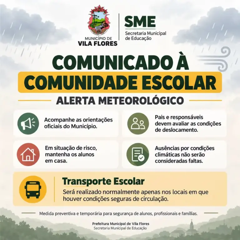 Vila Flores orienta famílias sobre aulas e transporte escolar diante de alerta meteorológico - Studio TV