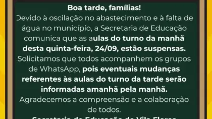 Vila Flores suspende aulas do turno da manhã nesta quinta-feira por falta de água - Studio TV
