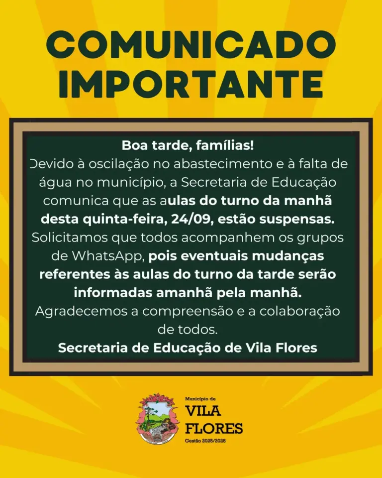 Vila Flores suspende aulas do turno da manhã nesta quinta-feira por falta de água - Studio TV
