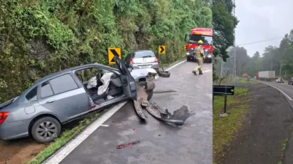 Montagem com imagens dos veículos envolvidos no acidente e das equipes de atendimento na ERS-122, em Antônio Prado.