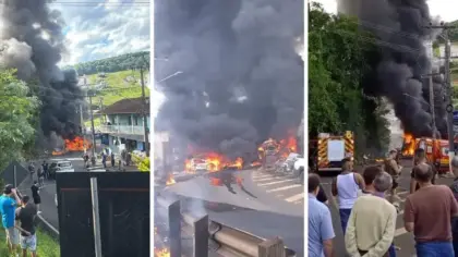 Incêndio com coluna de fumaça preta após acidente envolvendo veículos em Capinzal