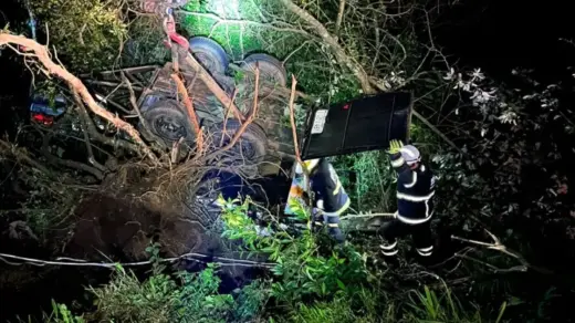 Bombeiros resgatam cavalo preso em reboque após capotamento na ERS-122, em Antônio Prado - Studio TV