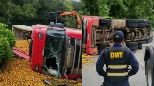 Carreta carregada de laranjas tomba na ERS-444 e deixa motorista ferido em Bento Gonçalves - Studio TV