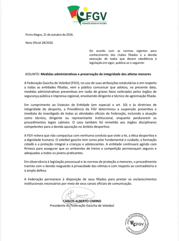 Federação Gaúcha de Vôlei suspende investigado por crimes contra adolescentes em Veranópolis - Studio TV