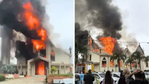 Incêndio de grandes proporções cobre paróquia de fumaça e destrói interior de templo histórico em cidade do Sul de SC - Studio TV
