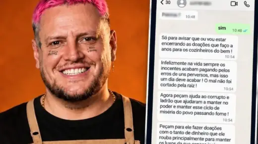 Julio Ritta ao lado de captura de conversa de aplicativo de mensagens divulgada nas redes sociais