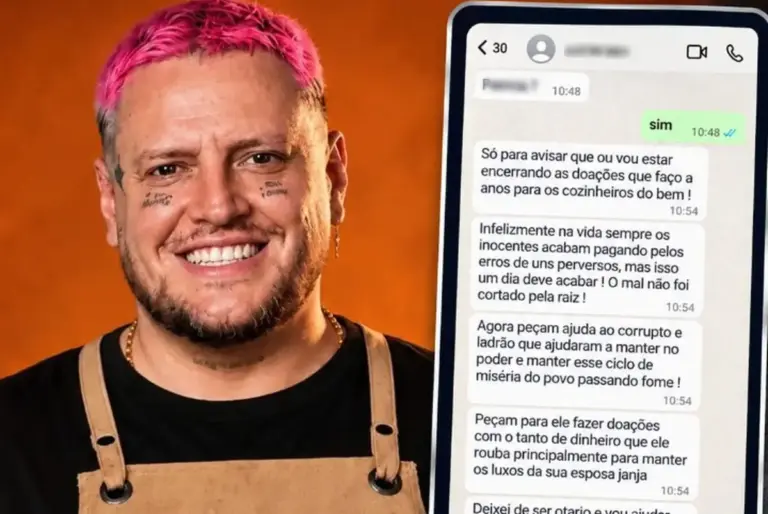 Julio Ritta ao lado de captura de conversa de aplicativo de mensagens divulgada nas redes sociais