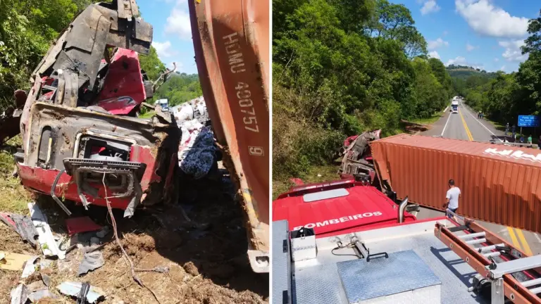 Motorista fica preso às ferragens após carreta tombar na BR-470, em Campos Novos - Studio TV