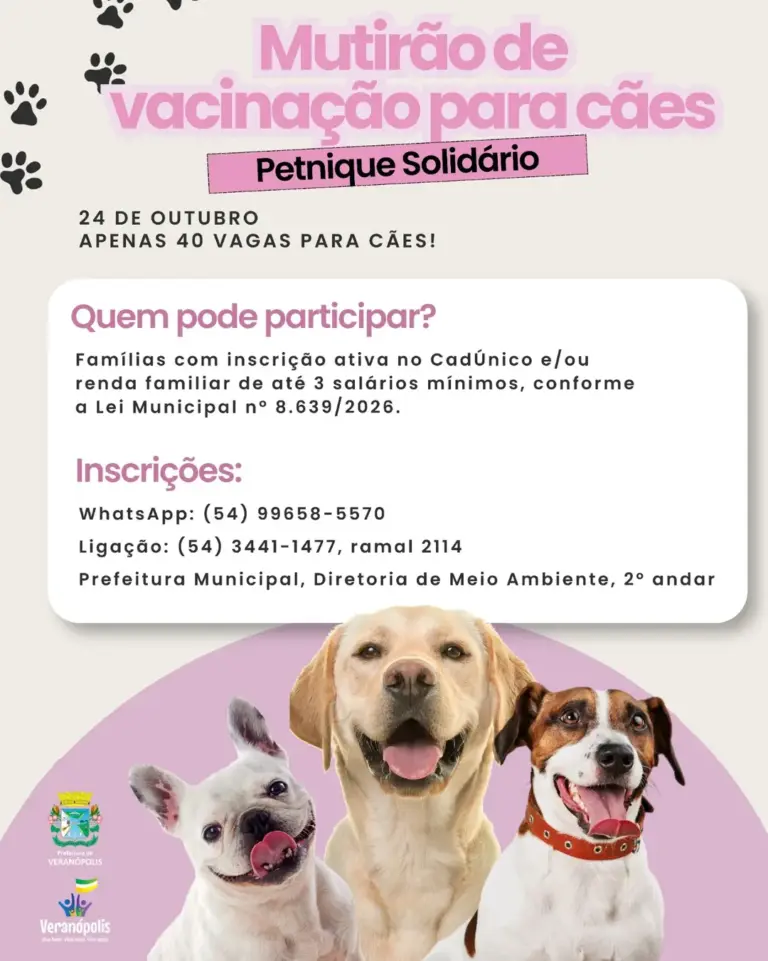 Mutirão de vacinação antirrábica para cães terá 40 vagas durante o Petnique Solidário em Veranópolis - Studio TV