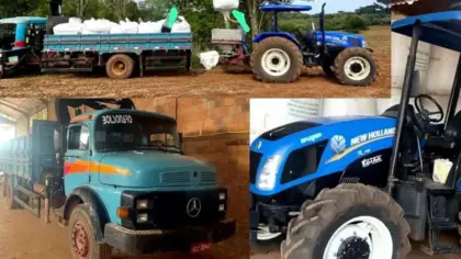 Montagem com imagens do caminhão e do trator levados de propriedade rural em Marau