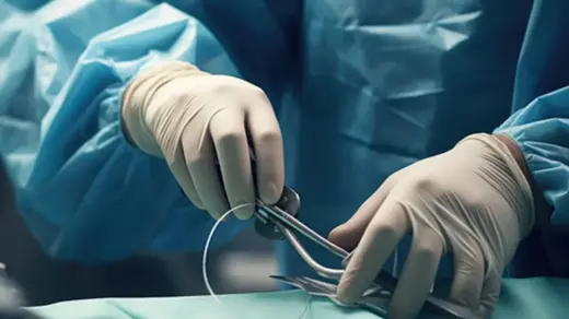 Mãos de profissional de saúde com instrumentos cirúrgicos, em imagem ilustrativa