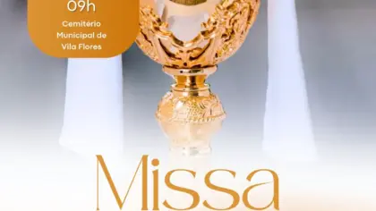 Cartaz da Missa de Finados em Vila Flores, marcada para 2 de novembro, às 09h, no Cemitério Municipal.